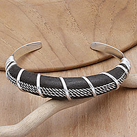 Leather-accented cuff bracelet, 'Futuristic Embrace' - Sterling Silver Cuff Bracelet with Front Leather Accent