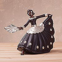 Sterling silver and mahogany sculpture, 'Marinera Dancer' - Sterling Silver and Mahogany Wood Dancer Sculpture from Peru