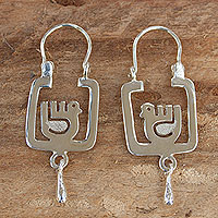 Sterling silver hoop earrings, 'Aztec Dove' - Square Sterling Silver Hoop Earrings with Birds