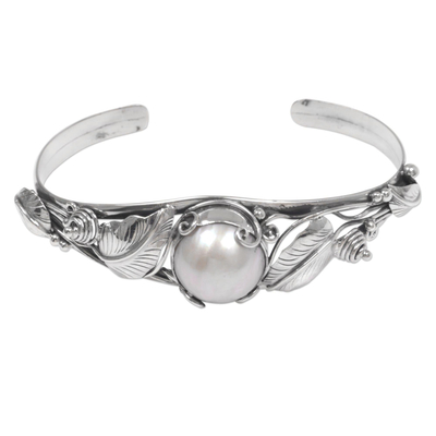 Cultured pearl cuff bracelet, 'Lost in Nature' - Hand Crafted Sterling Silver and Pearl Cuff Bracelet