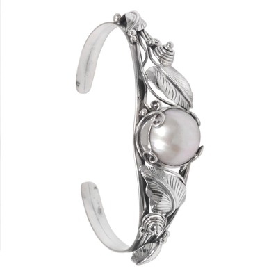 Cultured pearl cuff bracelet, 'Lost in Nature' - Hand Crafted Sterling Silver and Pearl Cuff Bracelet