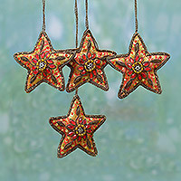 Beaded ornaments, 'Brilliant Stars' (set of 4) - Set of Four Beaded Star Ornaments from India