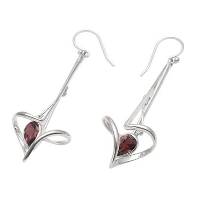 Garnet dangle earrings, 'Trapeze Artist' - Balinese Garnet and Sterling Silver Dangle Earrings