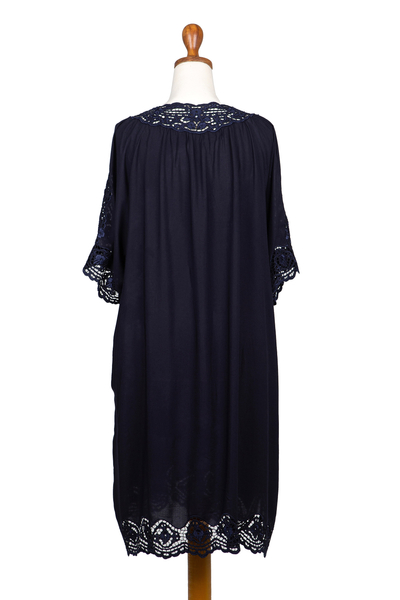Rayon dress, 'Midnight Blue Medallion' - Rayon Dress with Floral and Medallion Embroidered Details