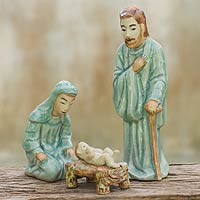 Celadon nativity scene, 'Holy Celebration' (set of 3) - Handcrafted Celadon Ceramic Nativity Figurines (set of 3)
