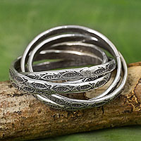 Silver band rings, 'Five Karen Rivers' (set of 5) - Five Interlinked Fish Theme Hill Tribe Silver Rings