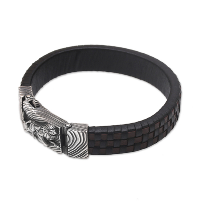 Men's leather and sterling silver wristband bracelet, 'Powerful Lion' - Men's Leather and Sterling Silver Wristband with Lion
