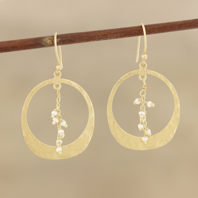 Gold plated cultured pearl dangle earrings, 'Moon Rain' - Gold Plated Cultured Pearl Dangle Earrings from India