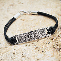 Men's sterling silver wristband bracelet, 'Modern Man' - Handmade Black Cotton Men's Bracelet with Sterling Silver
