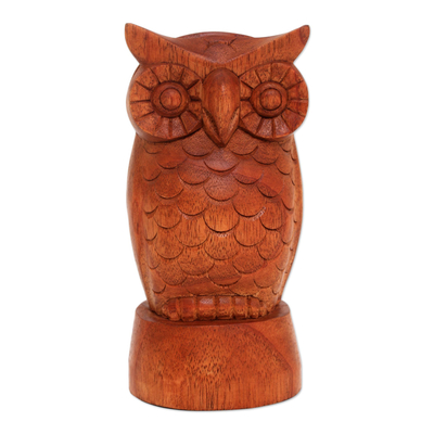 Wood eyeglasses holder, 'Wise Owl' - Owl-Shaped Jempinis Wood Eyeglasses Holder from Bali