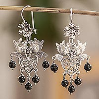 Sterling silver filigree chandelier earrings, 'Dove Romance in Black' - Black Crystal Chandelier Earrings
