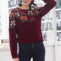 Sweater 100% alpaca, 'Borgondy Garden' - Sweater 100% Alpaca Borgoña Floral Intarsia Knit
