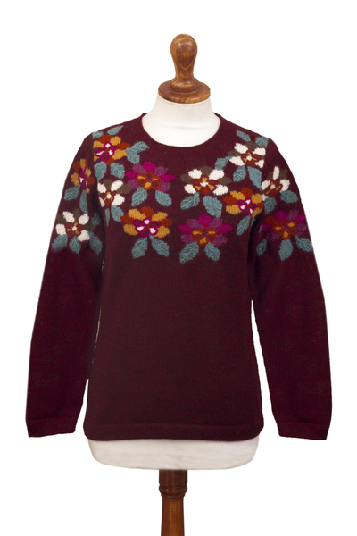 suéter 100% alpaca, 'Burgundy Garden' - Suéter 100% Alpaca de punto con intarsia floral burdeos