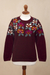 100% alpaca sweater, 'Burgundy Garden' - Burgundy Floral Intarsia Knit 100% Alpaca Sweater (image 2b) thumbail