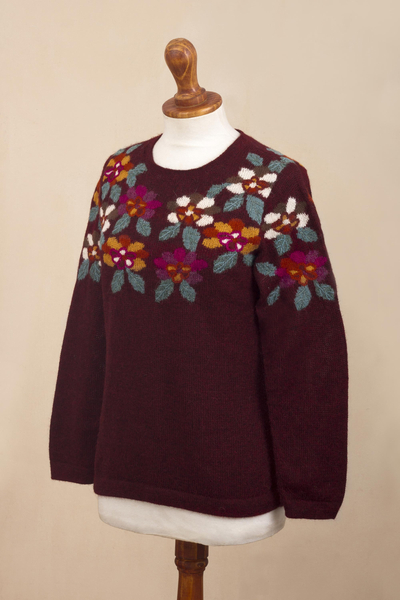 suéter 100% alpaca, 'Burgundy Garden' - Suéter 100% Alpaca de punto con intarsia floral burdeos