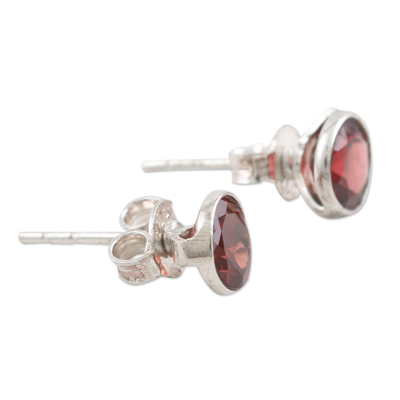 Garnet stud earrings, 'Red Night' - Garnet and Sterling Silver Stud Earrings
