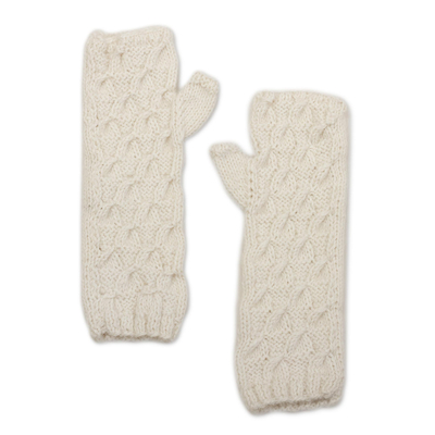 Alpaca blend mitts, 'Warm White Currents' - Long Hand Knit Warm White Fingerless Mitts