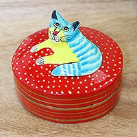 Decorative papier mache box, 'Colorful Cat' - Hand Crafted Decorative Papier Mache Box