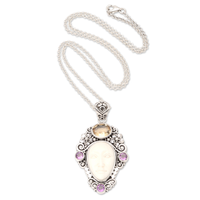 Citrine and amethyst pendant necklace, 'Flowering Woman' - Hand Crafted Amethyst and Citrine Pendant Necklace
