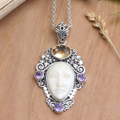 Citrine and amethyst pendant necklace, 'Flowering Woman' - Hand Crafted Amethyst and Citrine Pendant Necklace