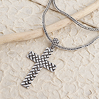 Sterling silver pendant necklace, 'Woven Cross' - Oxidized Sterling Silver Basketweave Cross Pendant Necklace