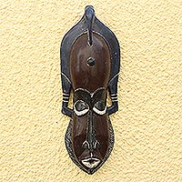 African wood mask, 'Tall Bird Head' - Bird-Themed African Wood Mask in Brown from Ghana
