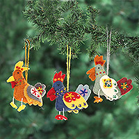 Felted wool ornaments, 'Three French Hens' - Handmade Wool Felt Ornaments (Set of 3)