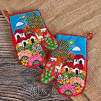 Cotton blend decorative oven mitts, 'Andean Nature' (pair) - Patchwork Cotton Blend Decorative Oven Mitts (Pair)