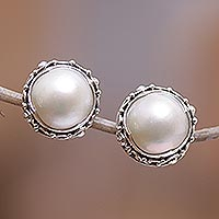 Cultured pearl button earrings, 'Grey Pearl Trophy' - Balinese Sterling Silver Button Earrings with Grey Pearls