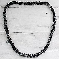 Snowflake obsidian long necklace, 'Winter Night' - Handmade Beaded Obsidian Necklace