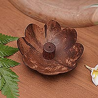 Coconut shell incense holder, 'Harmony in Petals' - Hand Crafted Brown Coconut Shell Incense Holder from Bali