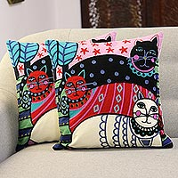 Embroidered cotton cushion covers, 'Regal Cats' (pair) - Cat-Themed Embroidered Cotton Cushion Covers (Pair)