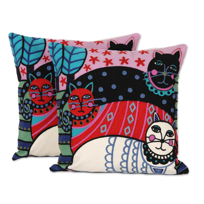 Embroidered cotton cushion covers, 'Regal Cats' (pair) - Cat-Themed Embroidered Cotton Cushion Covers (Pair)