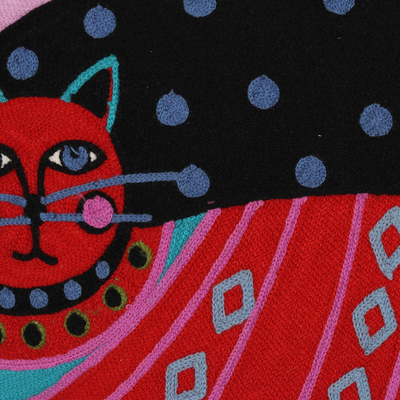 Fundas de cojín de algodón bordadas, 'Regal Cats' (par) - Fundas de cojín de algodón bordadas con temática de gatos (par)