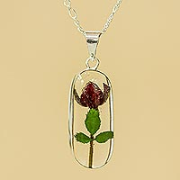 Natural flower pendant necklace, 'Frozen Rose' - Natural Red Rose Pendant Necklace from Mexico