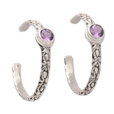 Amethyst half-hoop earrings, 'Purple Balinese Deity' - Traditional Half-Hoop Earrings with Faceted Amethyst Gems