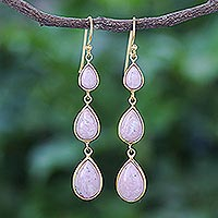 Gold plated rhodonite dangle earrings, 'Nectar Drops' - Gold Plated Rhodonite Teardrop Dangle Earrings from Thailand