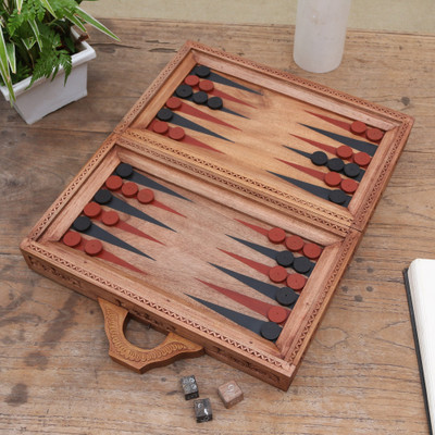 Wood backgammon set, 'Winding Games' - Handcrafted Cempaka Wood Backgammon Set from Bali