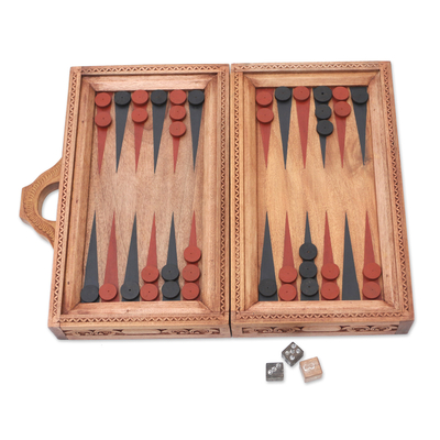 Wood backgammon set, 'Winding Games' - Handcrafted Cempaka Wood Backgammon Set from Bali
