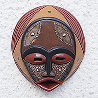 African wood mask, 'Praise God' - Handcrafted Circular West African Wall Mask in Red Tones