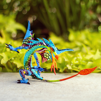 Wood alebrije sculpture, 'Mexican Dragon in Blue' - Copal Wood Alebrije Sculpture of Dragon in Blue from Mexico