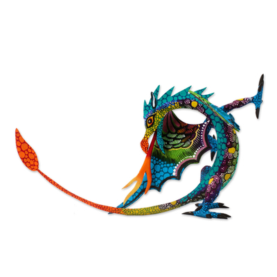 Wood alebrije sculpture, 'Mexican Dragon in Blue' - Copal Wood Alebrije Sculpture of Dragon in Blue from Mexico