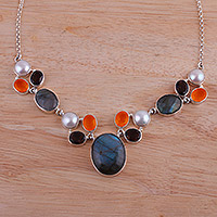 Multi-gemstone pendant necklace, 'Entrancing Dusk' - Dark Multi-Gemstone Pendant Necklace from India