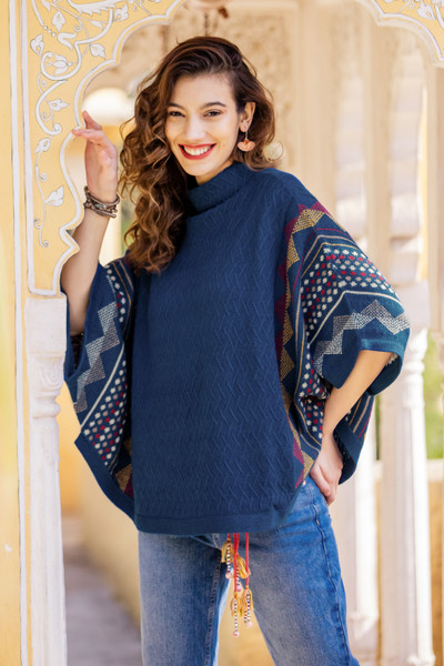 100% baby alpaca poncho, 'Jane' - 100% Baby Alpaca Wool Blue Poncho From Peru