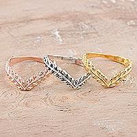 Sterling silver and gold plated stacking rings, 'Leafy Crown' (set of 3) - Gold Plated Sterling Silver Ring Trio with Leafy Crown Motif