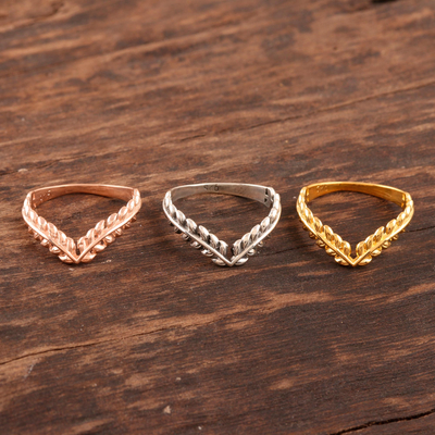 Sterling silver and gold plated stacking rings, 'Leafy Crown' (set of 3) - Gold Plated Sterling Silver Ring Trio with Leafy Crown Motif