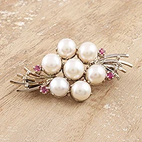 Cultured pearl and ruby brooch pin, 'Precious Bouquet' - Feminine Cultured Pearl and Ruby Brooch Pin