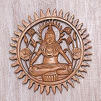 Panel de relieve de madera, 'Shiva Aura' - Panel de relieve de pared firmado y tallado a mano del Señor Shiva