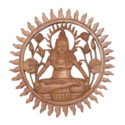 Wood relief panel, 'Shiva Aura' - Signed and Hand Carved Wall Relief Panel of Lord Shiva