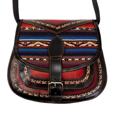 Leather sling, 'Andean Glory' - Black Leather Sling with Andean Textile and Adjustable Strap